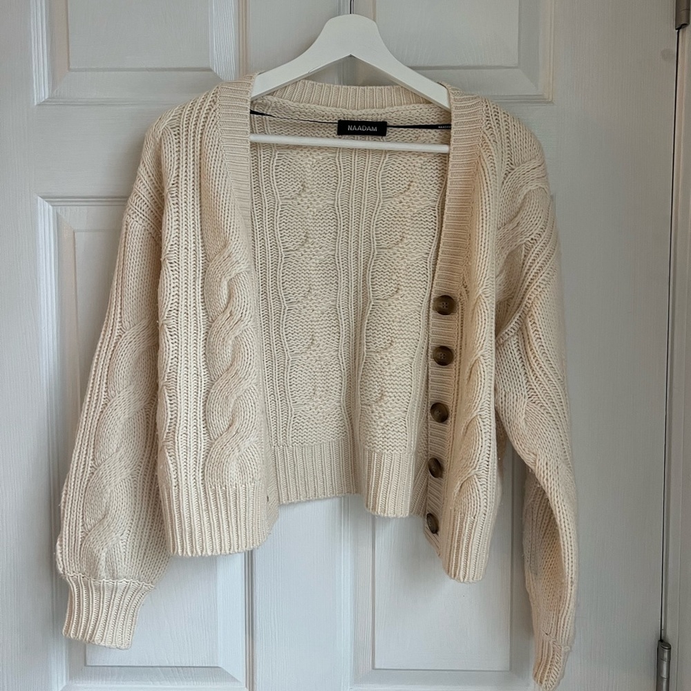 NAADAM Cable Knit Cropped Cashmere Wool Cardigan Sweater Cream/Ecru